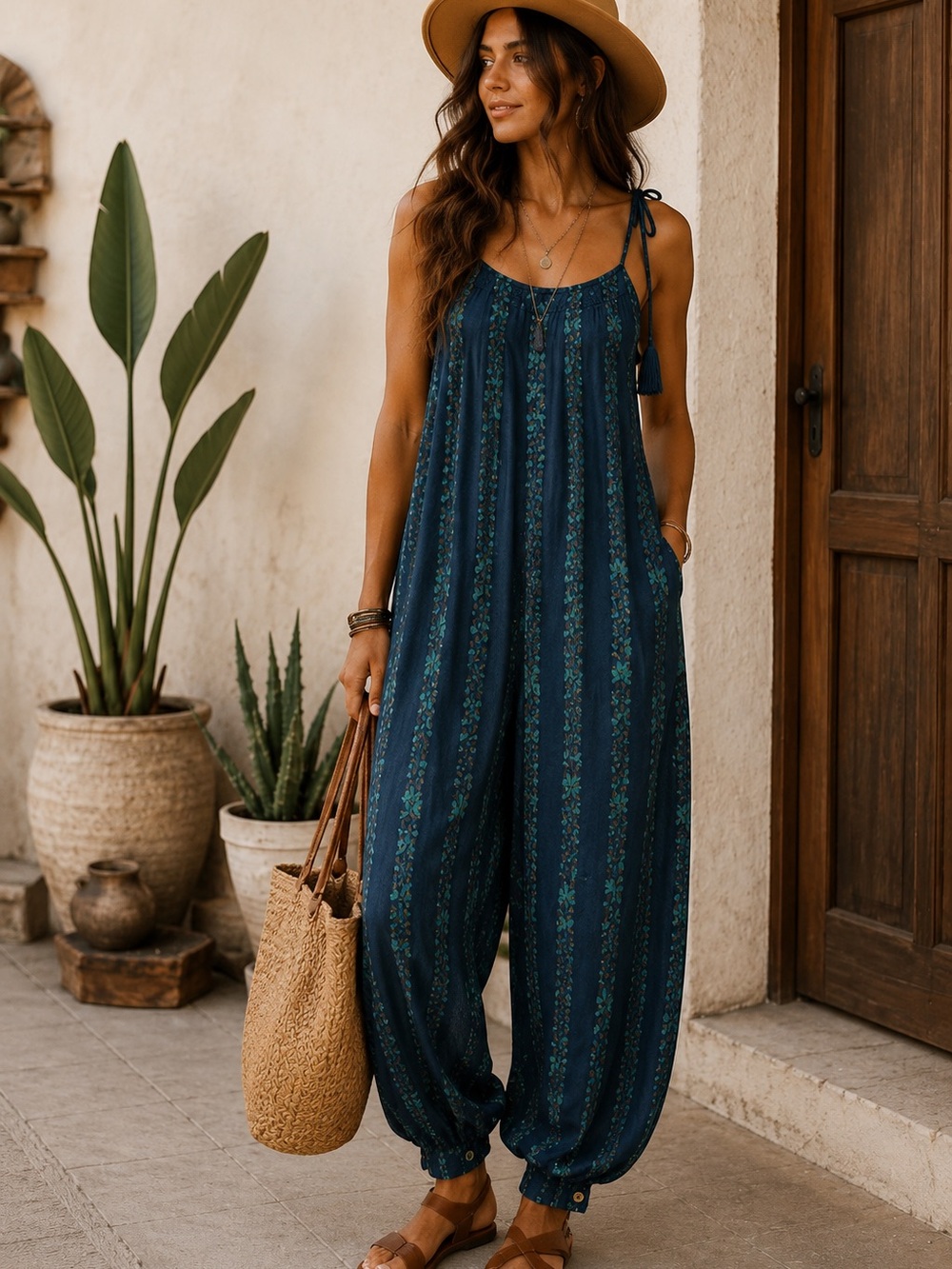 Navy Floral Tie-Shoulder Boho Jumpsuit
